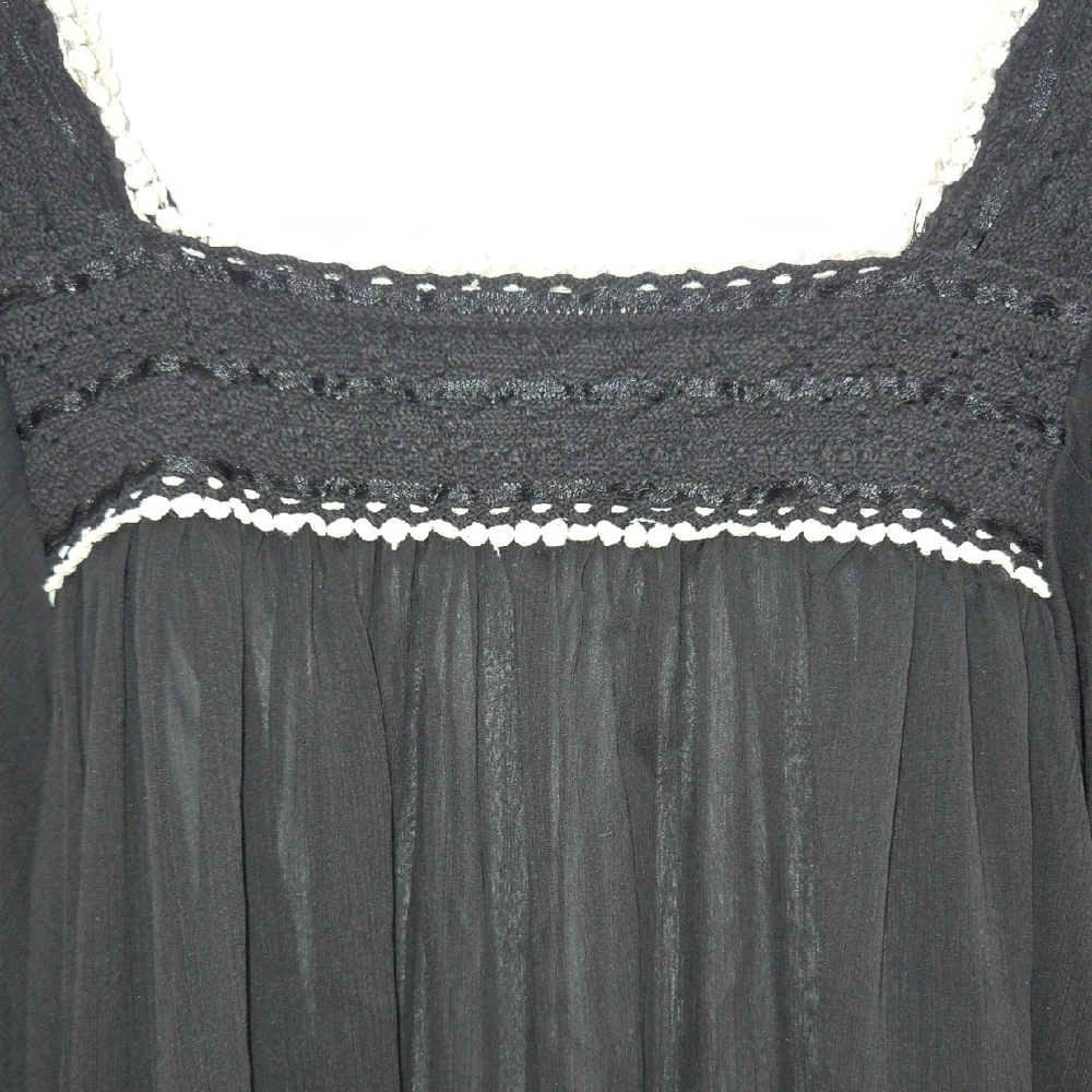 Black Sheer Boho Whimsigoth Fairycore Witchy Tunic Top w/Cream Crochet Trim - Picture 3 of 7